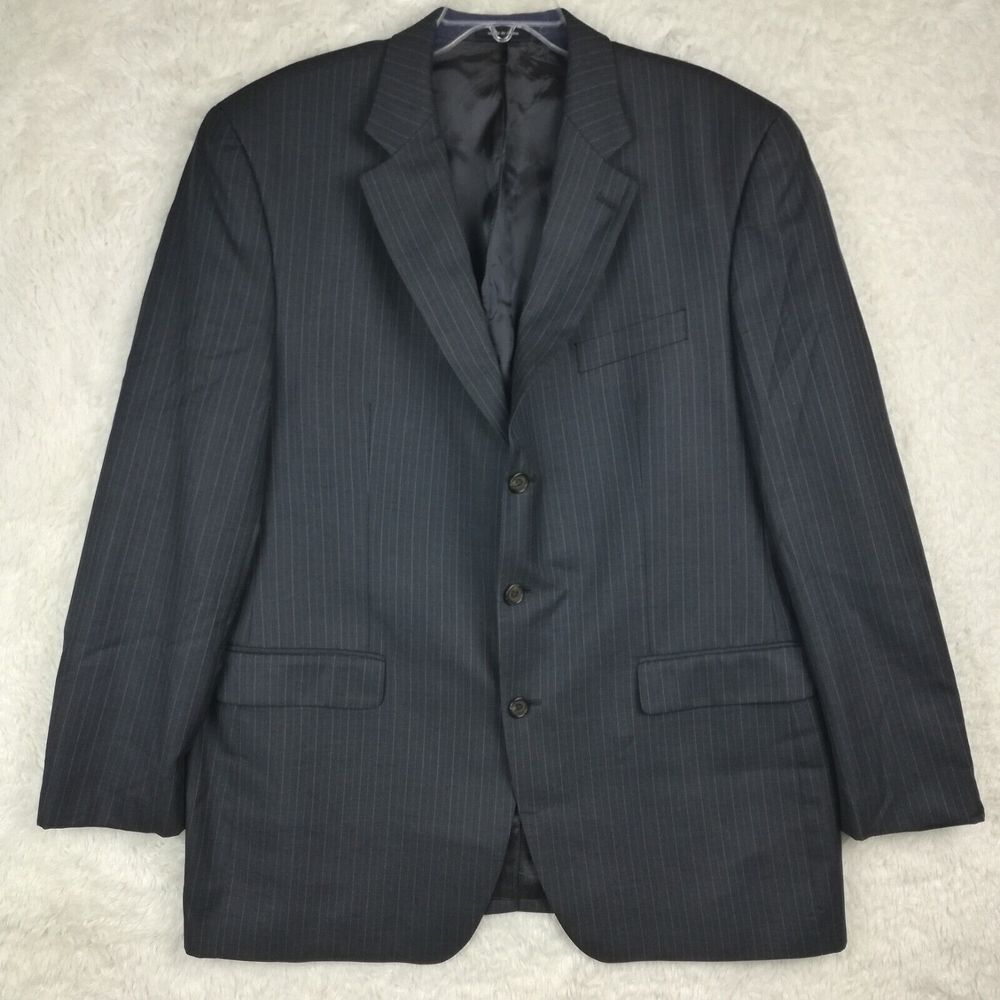 Ralph Lauren Mens Suit Jacket Wool 3 Button Single Breasted Blue Pinstripe 46L